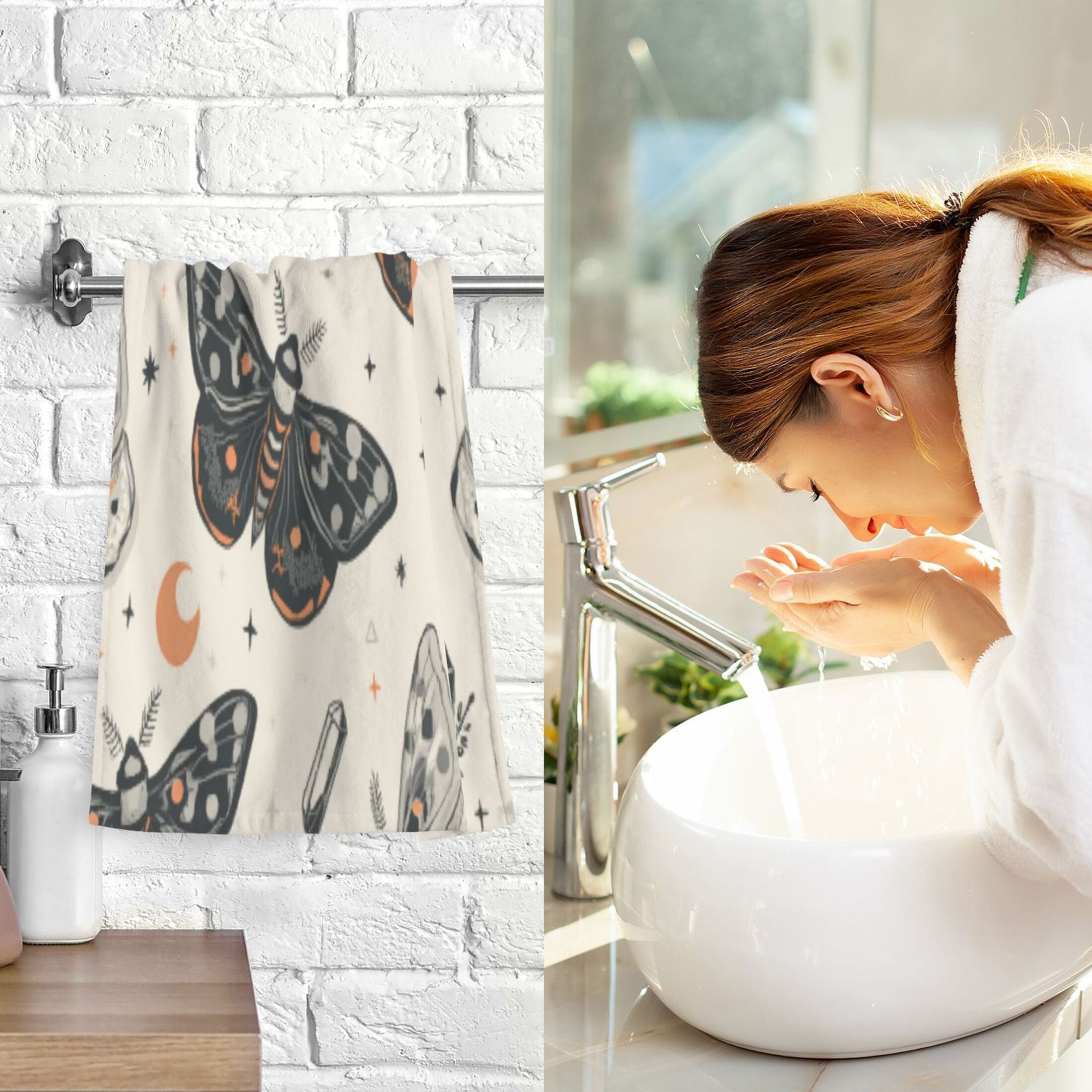 2 Pcs Absorbent Face Towel Bath Hand Towels Soft Breathable Cotton Towel Set for Bathroom Kitchen Hotel Spa Decor Black and White Moths