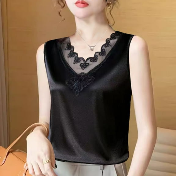 Luxalzxs Womens Silk Satin Tank Tops Lace Trim V-Neck Casual Sleeveless Top Basic Pullover Camisole Tank Cami Blouses Vest