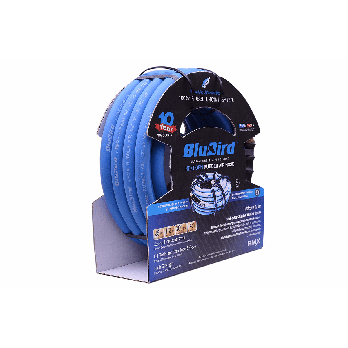BluBird BB1225 1/2 Inch x 25 Ft Rubber Air Hose Heavy Duty Brass Fittings