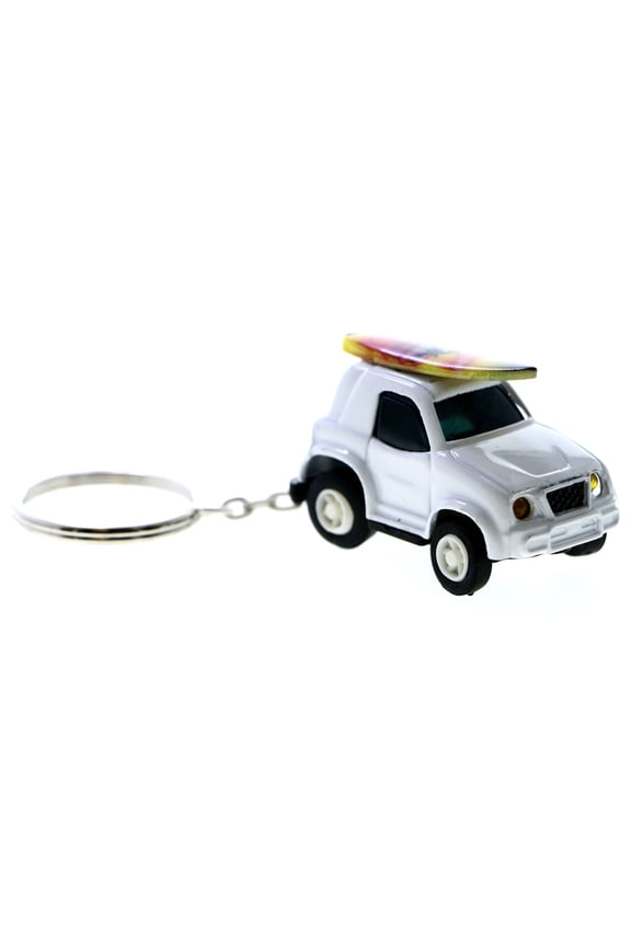 Wind-Up Car Surf Board Beach Scene Split-Ring-Keychain White/Red