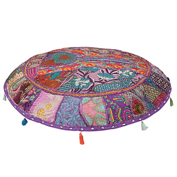 Stylo Culture Ethnic Round Throw Pillows Vintage Patchwork Floor Cushion Cover Purple 40x40 Inch Giant Decorative Decor Seating Tuffet Seat Pouf Cover Footstool Cotton Embroidered 1 Pc