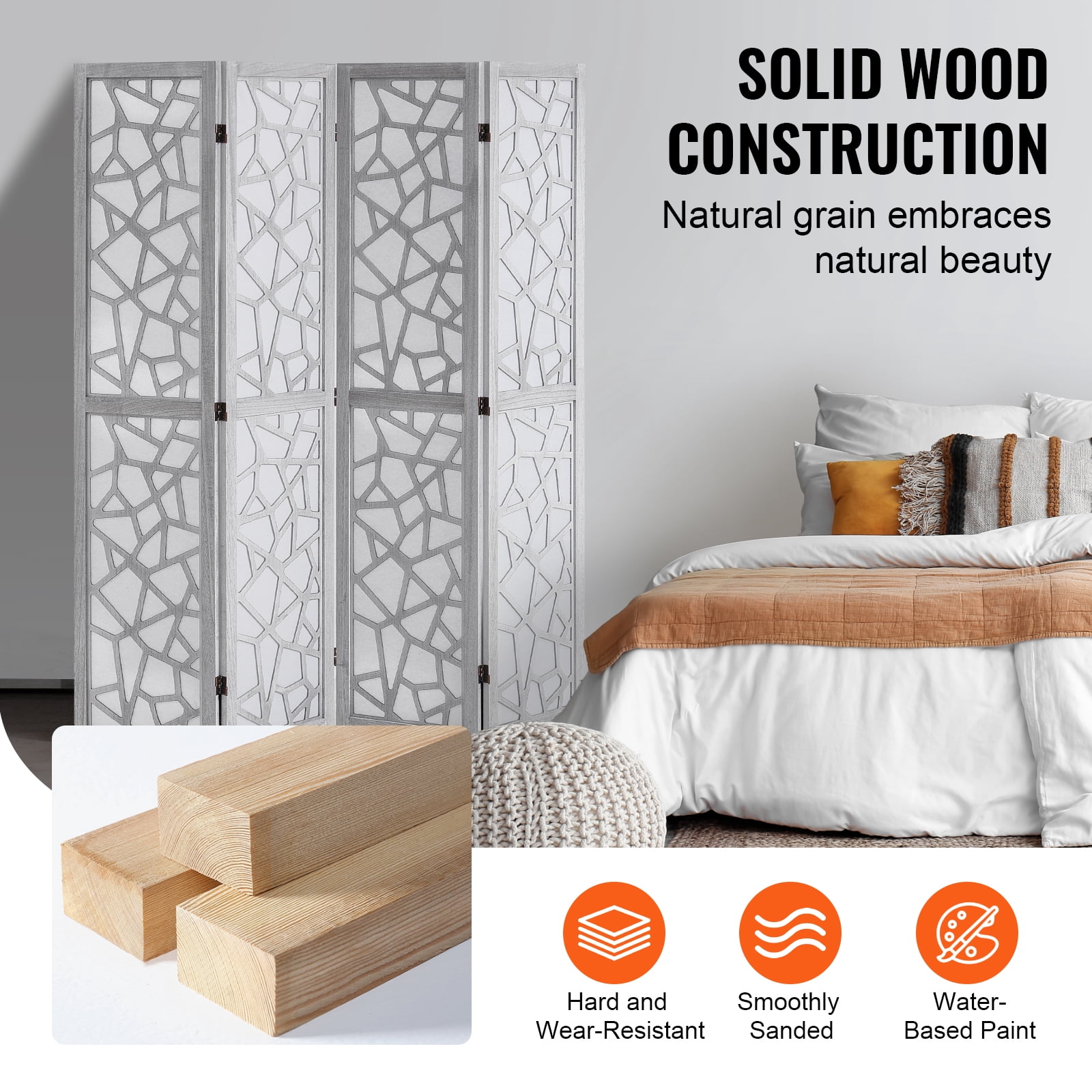 KFFKFF Wooden Partition, 4-Panel Foldable Privacy Barrier, 66.9 Inches High Indoor Engraved Wood Divider, Movable Decorative Screen, Suitable for Space Division in Homes, Offices, Restaurants