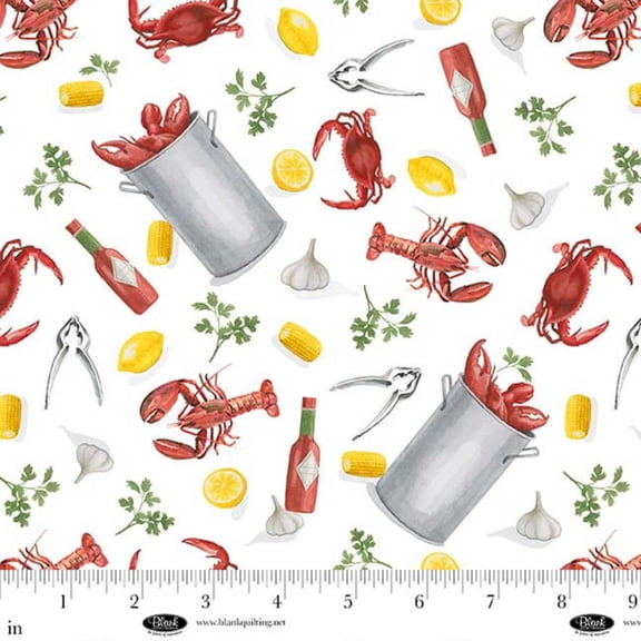 Seaside Boil Lobster Pots and Lobsters Cotton Fabric