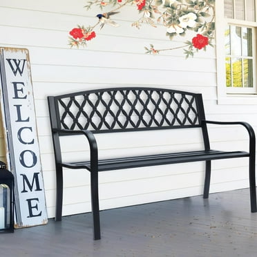 50 Inch Garden Bench Outdoor Metal Yard Furniture Capacity 705lbs Cast Iron Cross Design Three Person Seats Patio Chair for Front Porch Backyard, Black