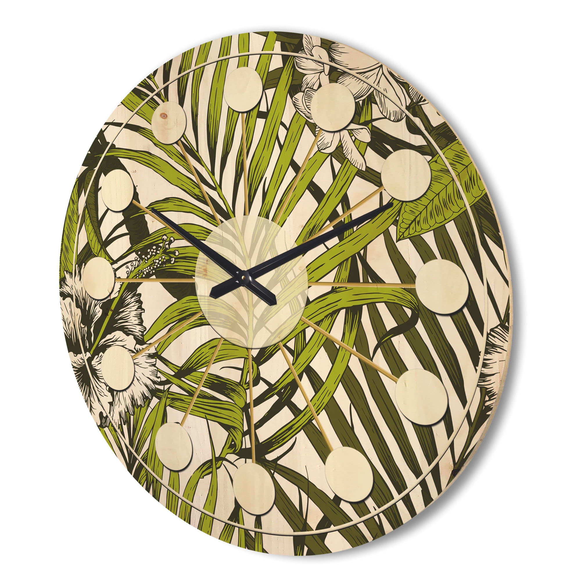 Designart 'Palm Tropical Leaves I' Mid-Century Modern Wood Wall Clock