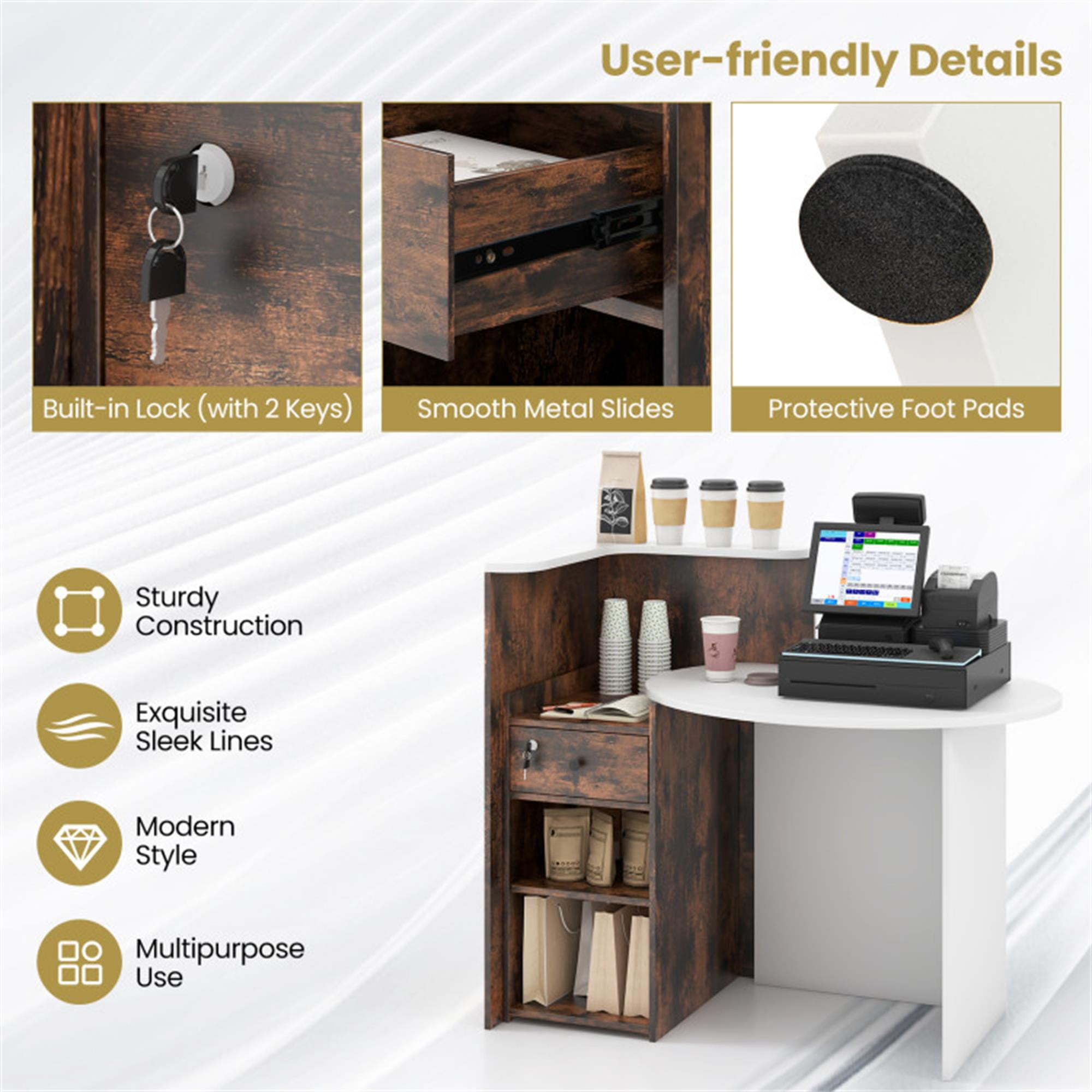 Demi Bonn Front Reception Office Desk with Open Shelf and Lockable Drawer, Small Home Computer Desk Study Writing Table, White + Brown