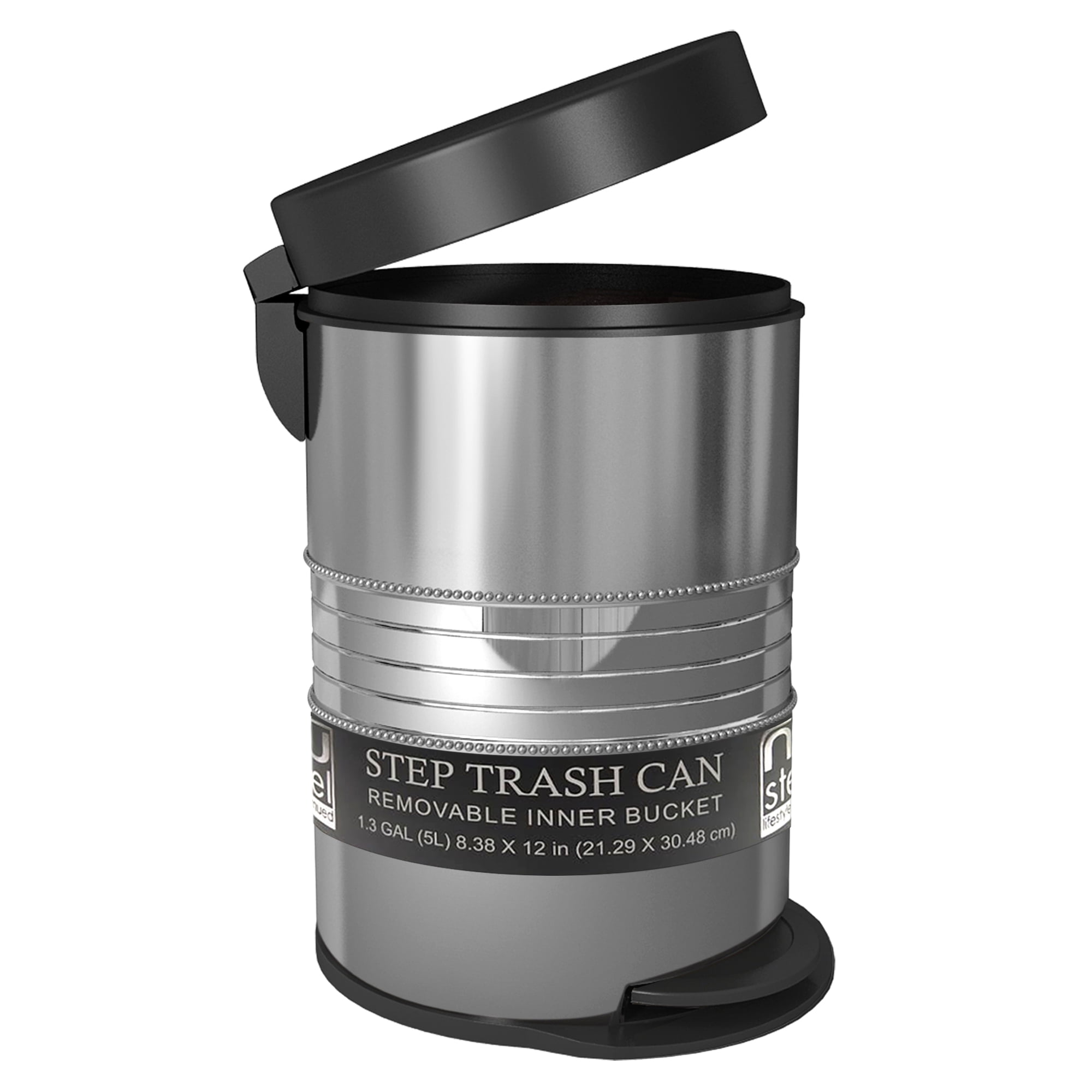 nu steel 5 Liter Round Small Metal Step Trash Can Wastebasket, Garbage Container Bin - for Bathroom, Powder Room, Bedroom, Kitchen, Craft Room, Office - Removable Liner Bucket -Shiny Steel STP-08