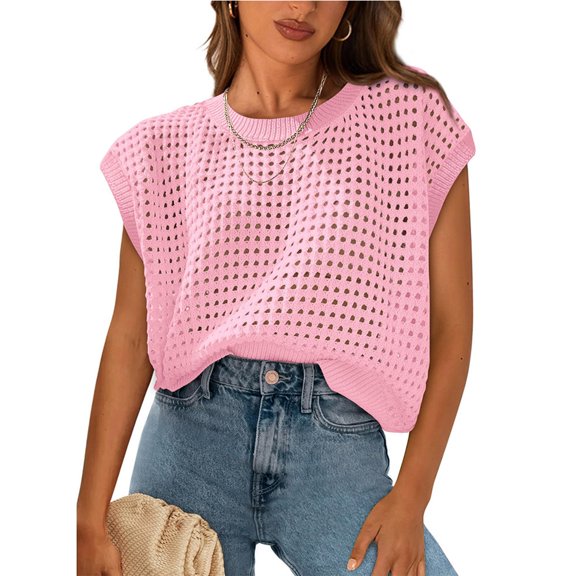 Short Sleeve Sweater for Women 2026 Trendy Summer Spring Tops Crewneck Beach Vacation Clothes Hollow Out Knit Sweaters Pink XL