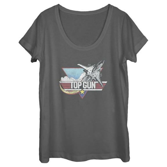 Women's Top Gun Distressed Fighter Jet Logo  Scoop Neck