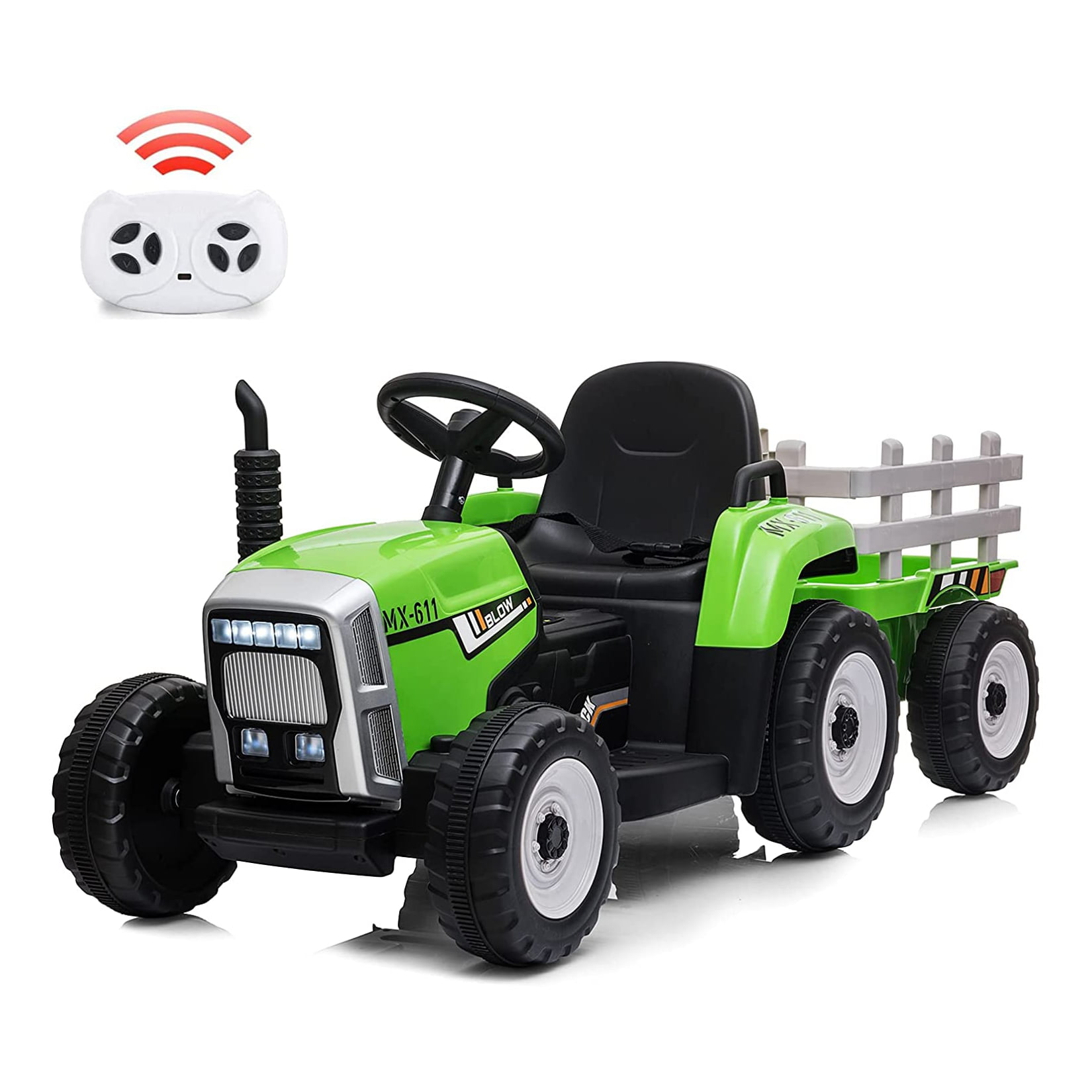 12V Kids Electric Tractor With Trailer Ride On RC LED Bluetooth 2 Speeds Green 