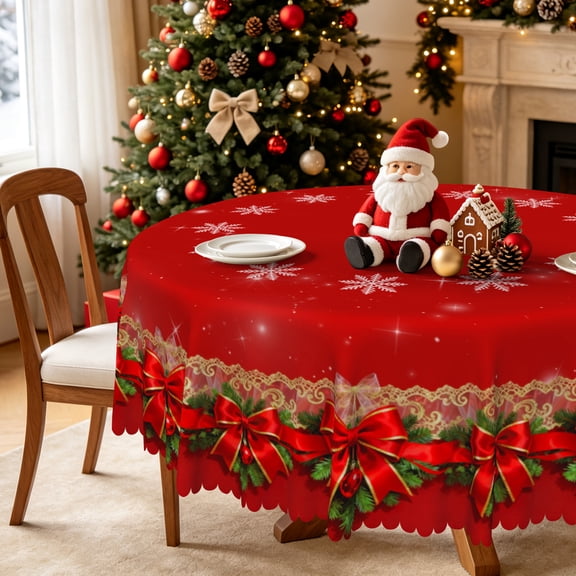 Winter Red Bow Christmas Round Tablecloth,60 Inch,Washable Table Cover for Holiday Dining Party Kitchen Decor