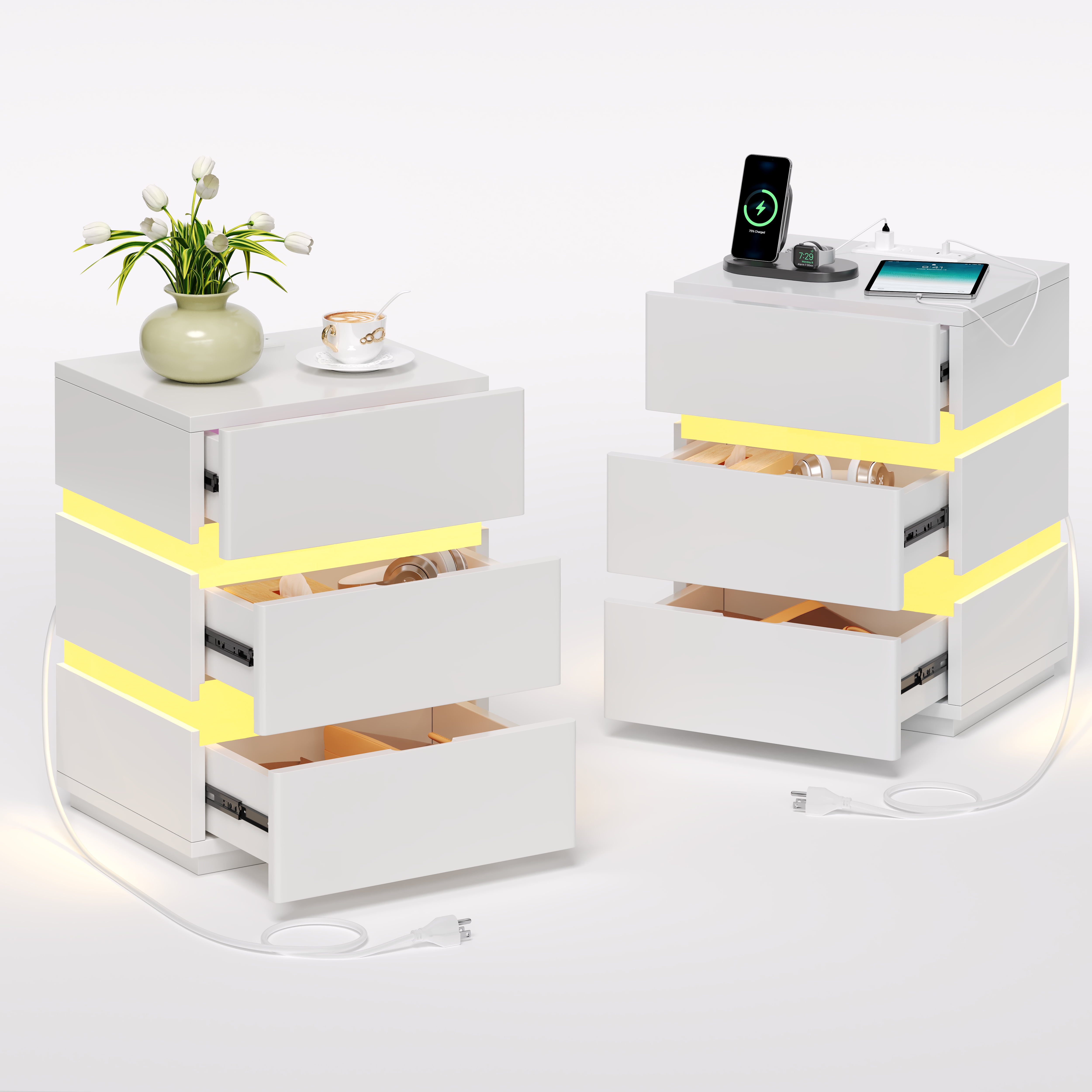 Night Stand With Charging Station And Led Lights, Modern Bedside Table With 3 Storage Drawer, End Table For Bedroom