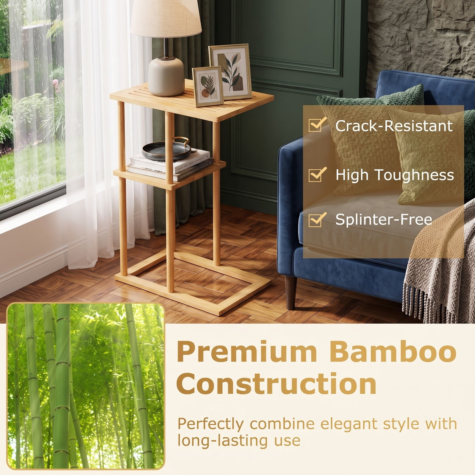 Furnibear Side Table Set of 2, 2-Tier Bamboo End Table with Storage Shelf, Nightstand Sofa Side Table for Living Room Bedroom Study, Rectangular Small Accent, Natural