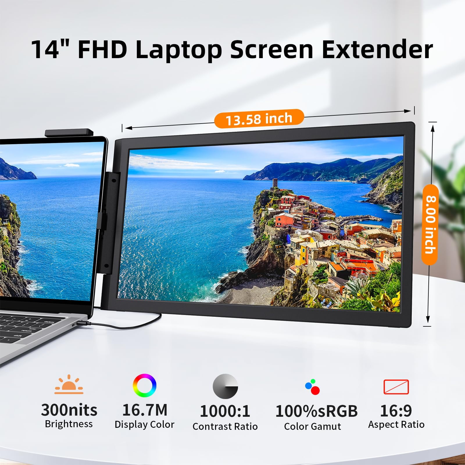 Laptop Screen Extender, 14" FHD 1080P IPS Laptop Monitor Extender Dual Screen, Portable Monitor for Laptops 13-17" with USB-C/HDMI Port, Plug n Play for Windows/Mac/Android/Switch/PS5 - SZORZY