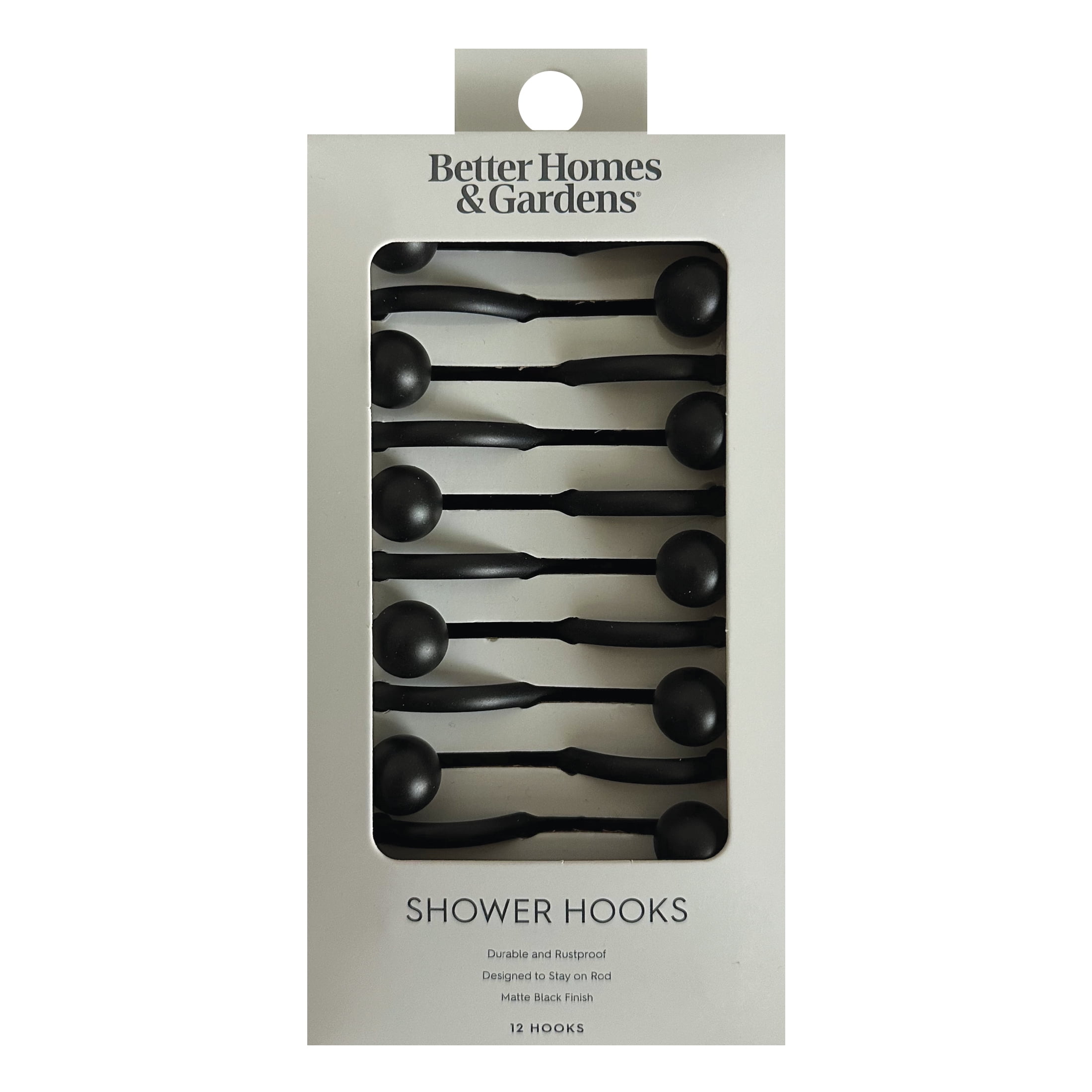Better Homes & Gardens Matte Black Ball Rust-Proof Steel Shower Hooks, Set of 12
