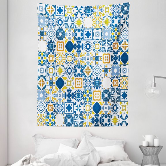Yellow and Blue Tapestry, Mosaic Portuguese Azulejo Mediterranean Arabesque Effect, Wall Hanging for Bedroom Living Room Dorm Decor, 60W X 80L Inches, Violet Blue Mustard White, by Ambesonne
