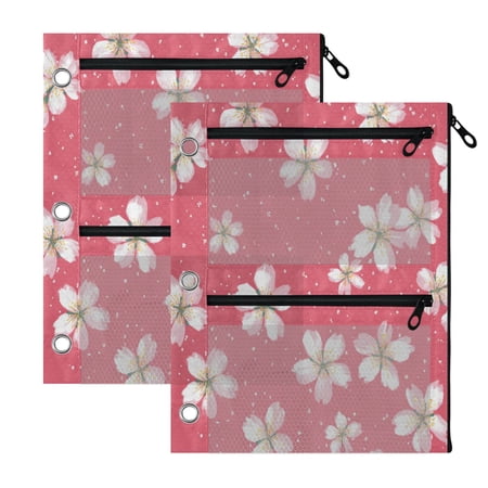 2 Pack 3-Ring Binder Pencil Pouch with Clear PVC Windows Delicate Pink Cherry Pattern Large Capacity Stationery Bag for Classroom Office Supplies