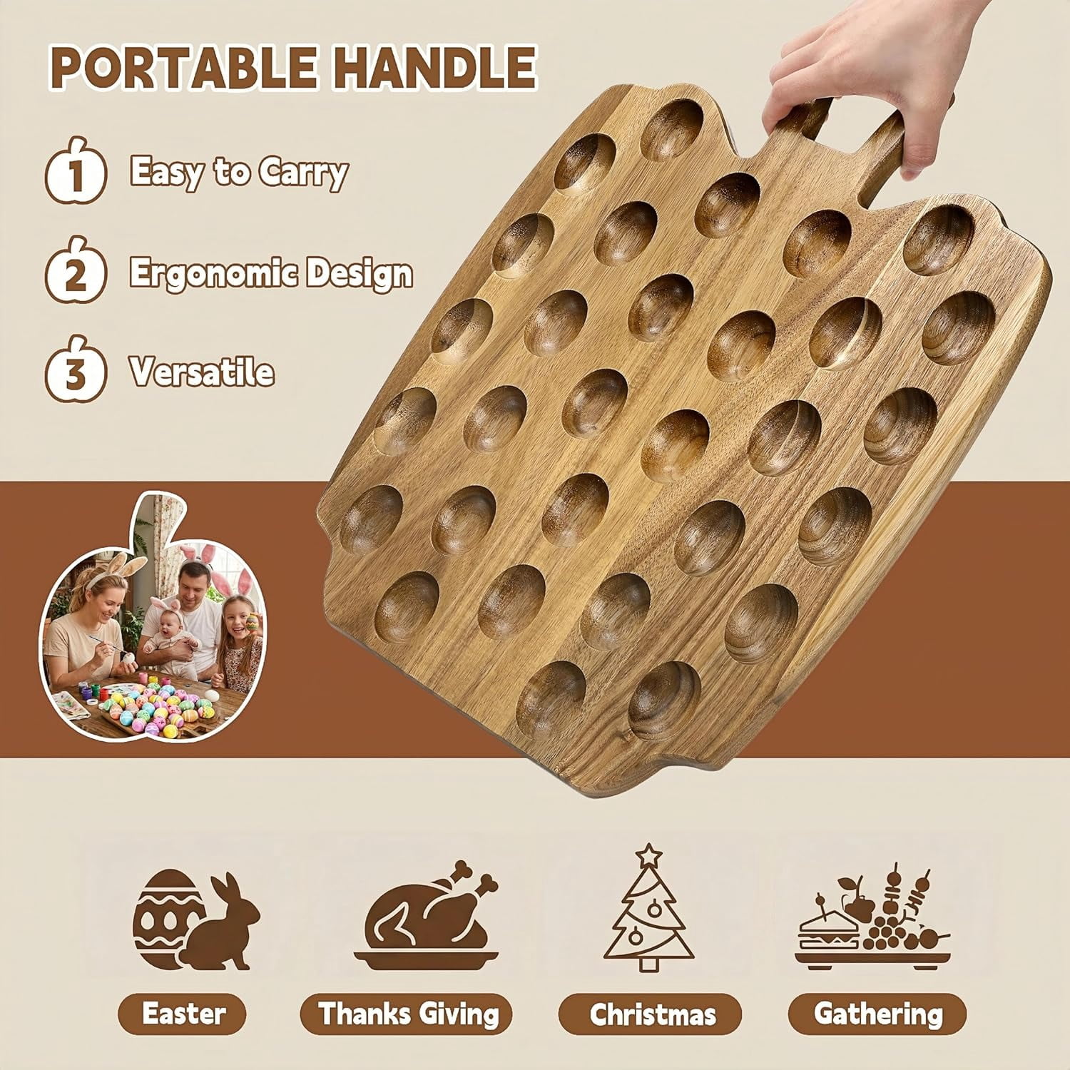 30 Holes Acacia Wood Deviled Egg Platter, Deviled Egg Tray Holder with Handle, Reversible Apple-Shaped Cheese Board, Serving Tray Carrier for Kitchen , Easter, 13 x