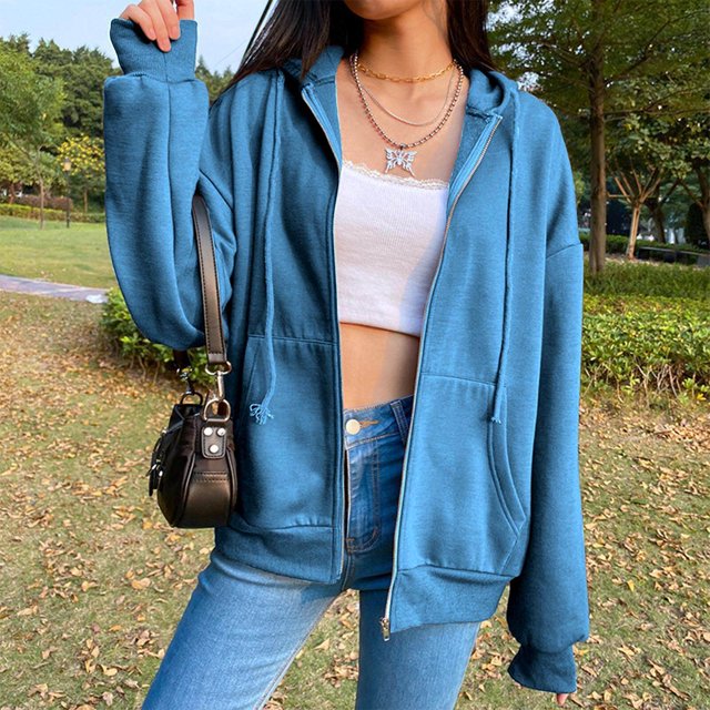 justharion Veste à Capuche en Coton Mélangé Couleur Unie Bleu 2XL