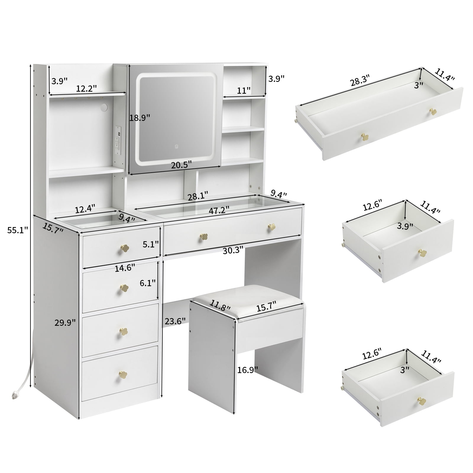 Zimtown 47" Vanity Desk with Charging Station, Makeup Table with 5 Drawers, Built-in Storage Shelves and 3 Color Lights, Dressing Table Set, White