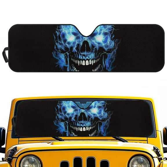 Uorisanigo Windshield Sun Shade,Blue Lightning Skull Car Sunshade for Jeep Wrangler JK JKU JL JLU 1997-2023 & Jeep Gladiator JT 2020-2023, UV Rays Blocker Sun Visor Shield Keep Vehicle Cool