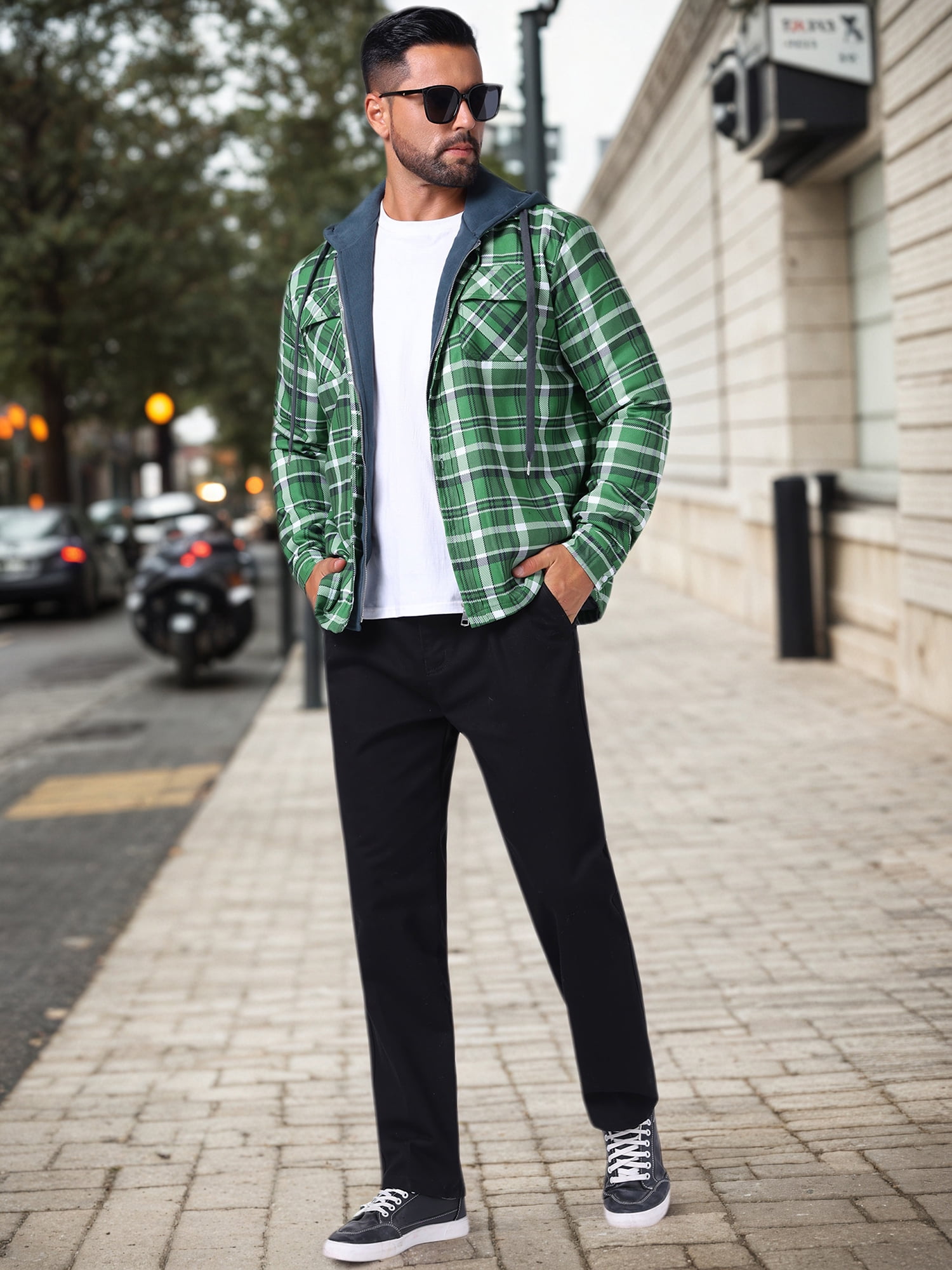 DARING DIVA Shirt Jacket Drawstring Hooded Plaid Shacket M Dark Green