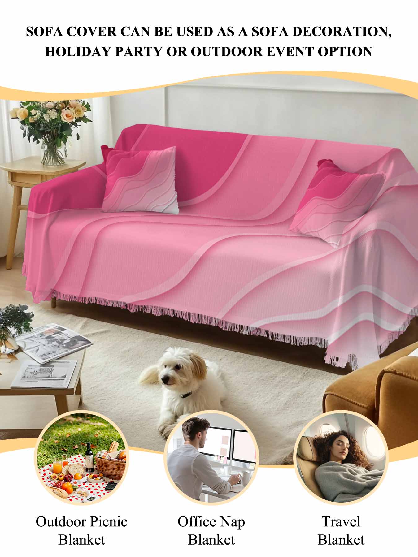 Valentines Pink Ombre Couch Cover, Modern Geometric Abstract Aesthetic Cream Oversized Sofa Cover Blanket for 3 Cushion Couch, Sectional Sofa Slipcover Protector for Living Room Bedroom 71''x150''