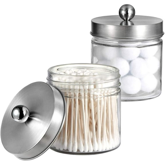 Bathroom Organizers and Storage - 2Pack Qtip Holders Bathroom Canister Apothecary Jars for Cotton Swabs, Rounds, Balls, Qtips,Makeup Sponges, Flossers,Bath Salts - Brushed Nickel