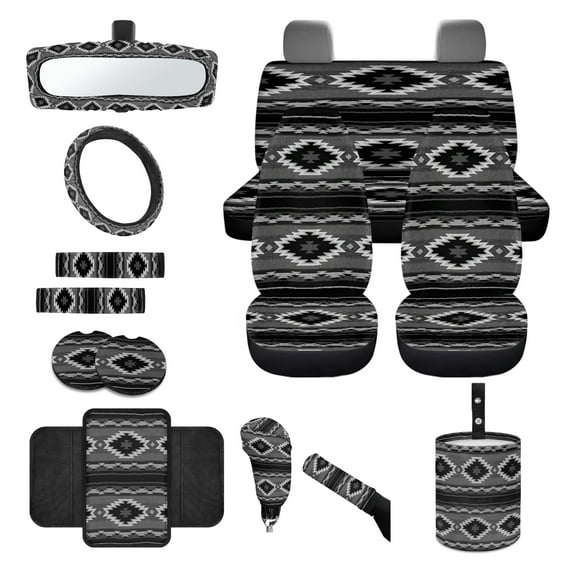 Renewold American Tribal Black Grey 14 PCS Car Seat Cover Full Set, Steering Wheel Seat Belt Rear View Mirror Center Console Cover Trash Can Coaster Gear Shift Knob Cover Set Universal Fit