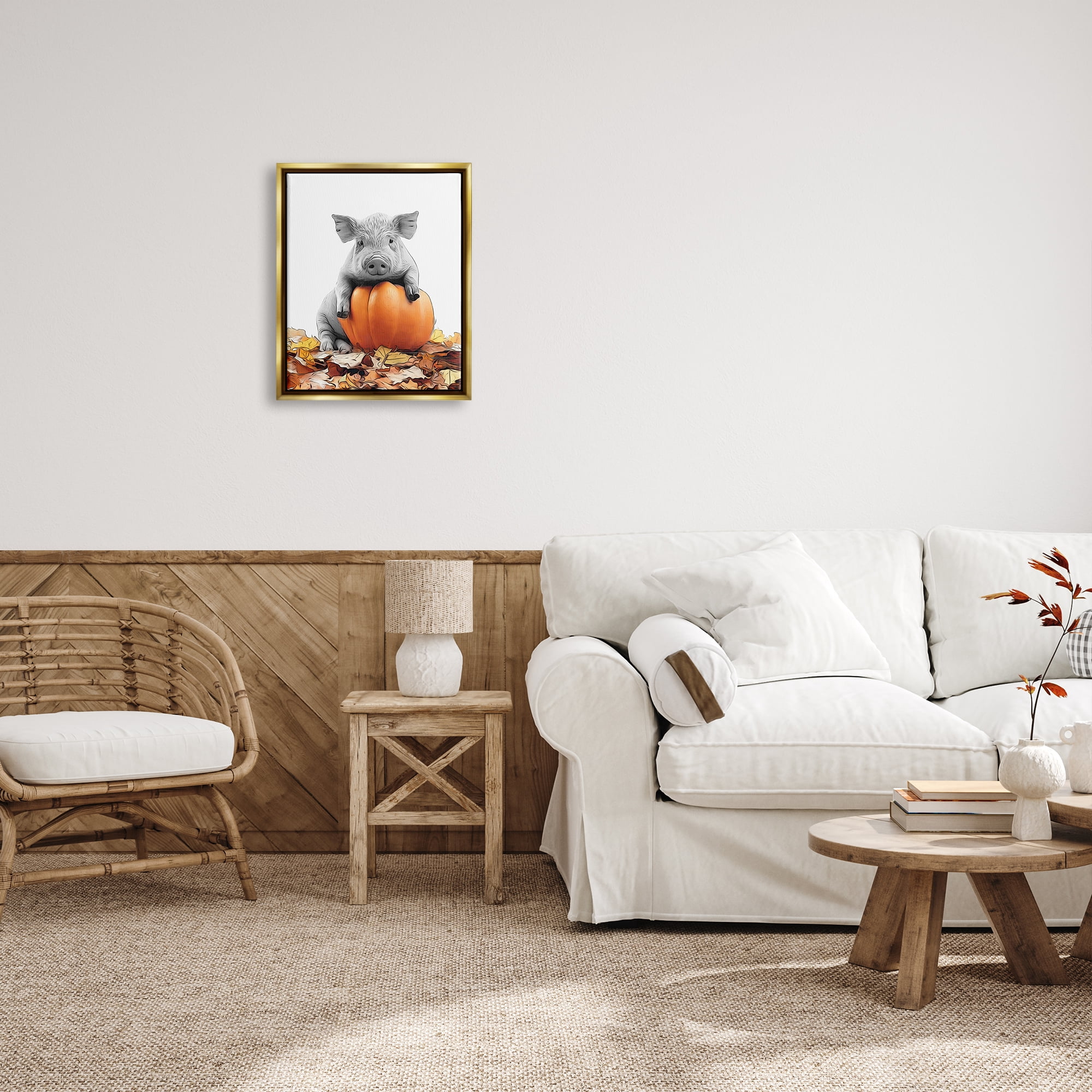 Stupell Industries Pig & Autumn Leaves Holiday Painting Gold Floater Framed Canvas Art Print Wall Art, 17 x 21