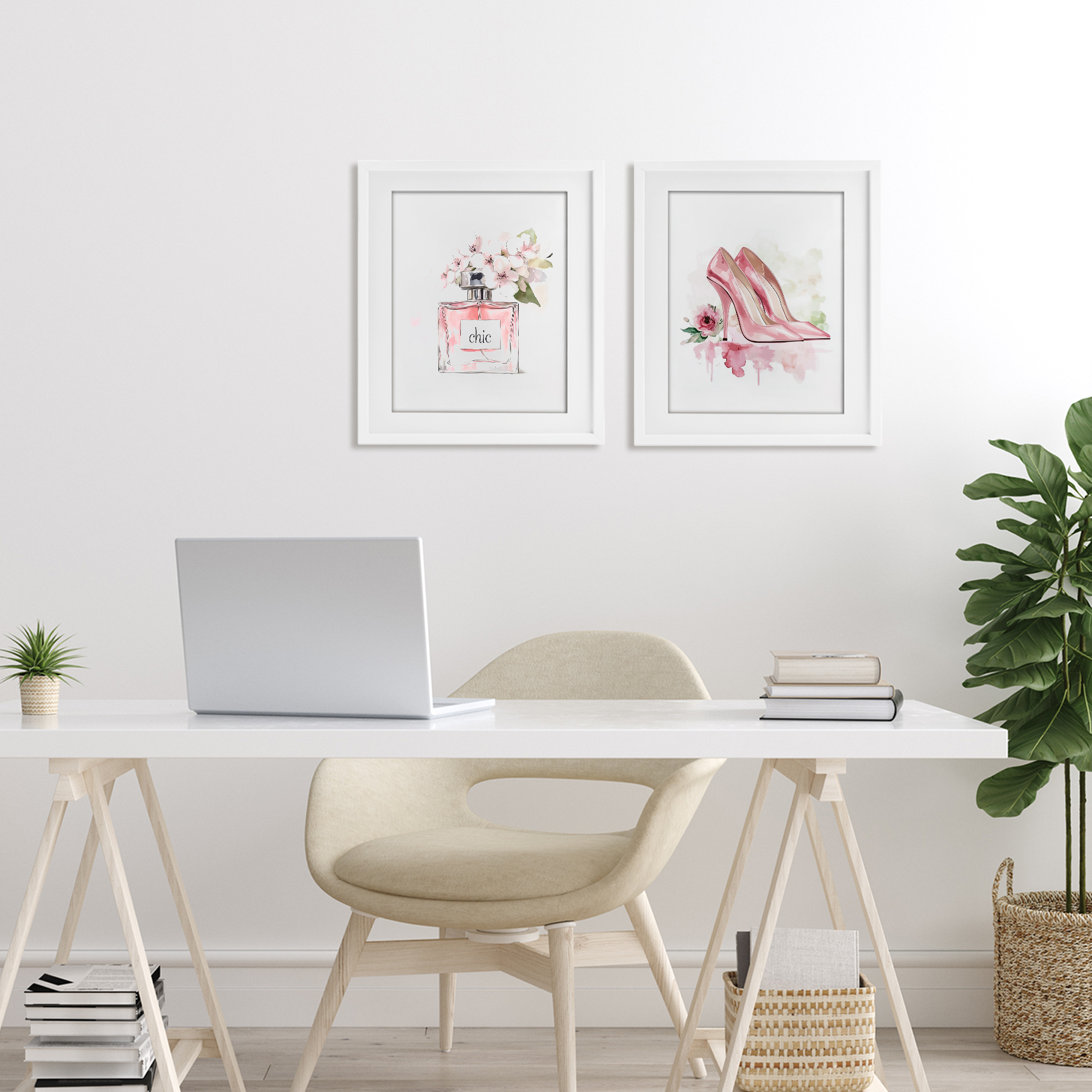 Rosy Pastel Perfume & Heels 2 Piece White Framed Print Under Glass Set, design by Christine Simpson Art