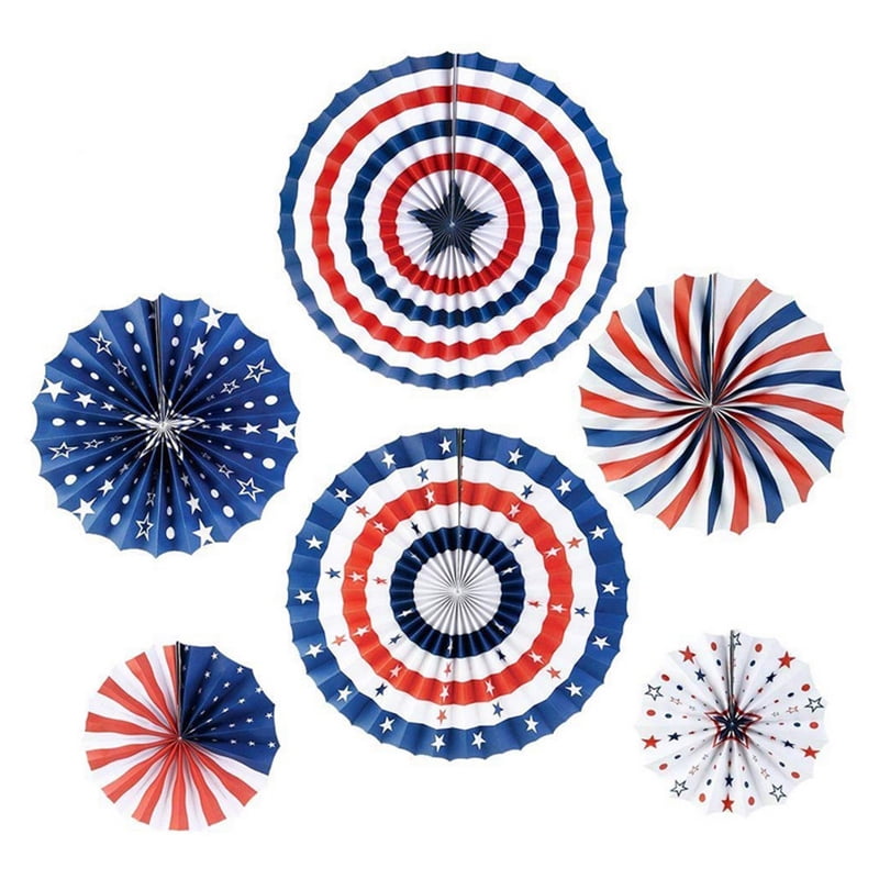 Patriotic Set of 6 Pinwheel Paper Fans Red White Blue 4th of July Veterans Day 