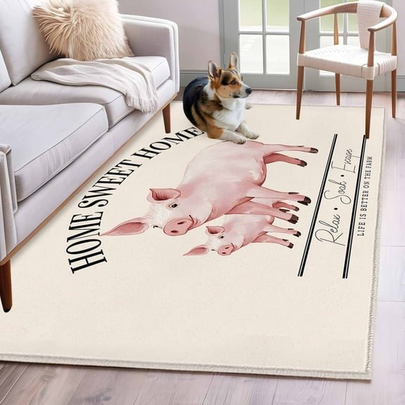 Farmhouse Pig Area Rug 3x5 Washable Rug Non Slip Watercolor Cute Animals Retro Art Large Area Rug Indoor Floor Carpet for Entryway Bedroom Kitchen Living Room Home Office Dining Room Nursery