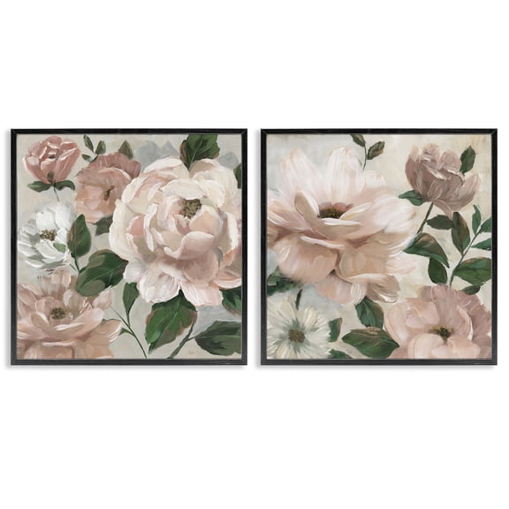 Stupell Industries Elegant Blush Peonies & Leaves 2 Piece Black Framed Giclee Art Set, design by Nan
