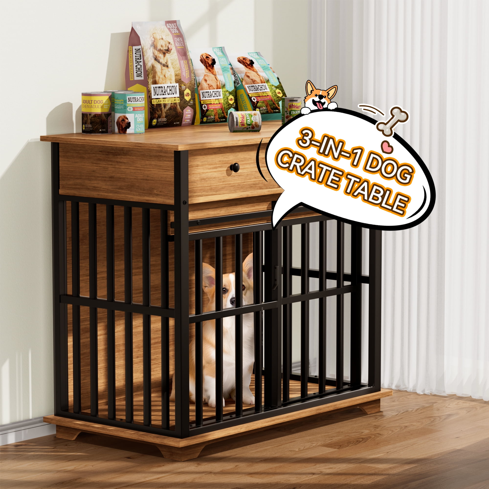 RERIOU 36" Dog Crate with Double Storage Cabinets, Indoor Dog Kennel Table with Sliding Door & Removable Tray, Rustic Brown Pet Cage for Medium & Large Dogs, Decorative Home Furniture