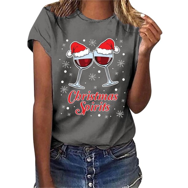 Gibobby Tops navideños para mujer Navidad Copa de de nieve Impresión O Cuello Manga corta Camiseta suelta Blusa Tops(Gris,G)