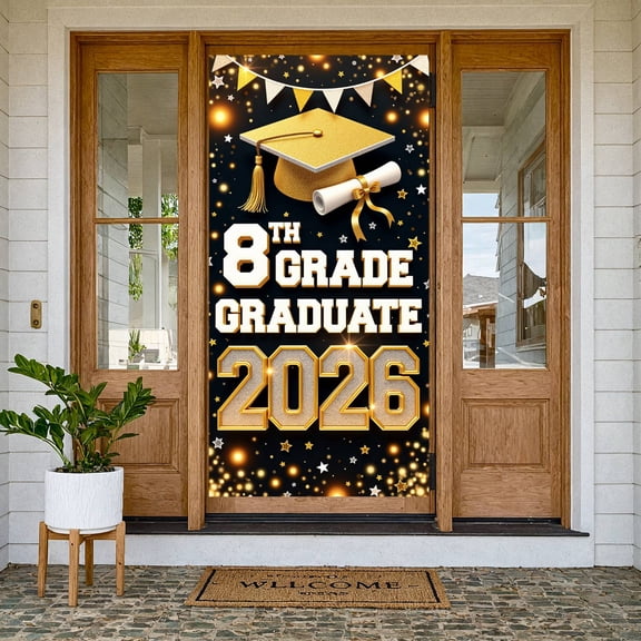 Gold Glitter 8th Grade Graduation Banner Graduation Cap Design 2026 Graduate Display Diploma Scroll Star Decorations Graduation Ceremony Backdrop for 8th Grade Graduation Party Middle School
