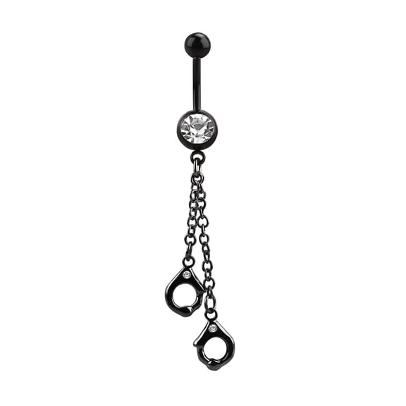 iJewelry2 Clear Crystal Dangling Handcuffs Motif Black Tone Surgical Steel Belly Button Navel Piercing