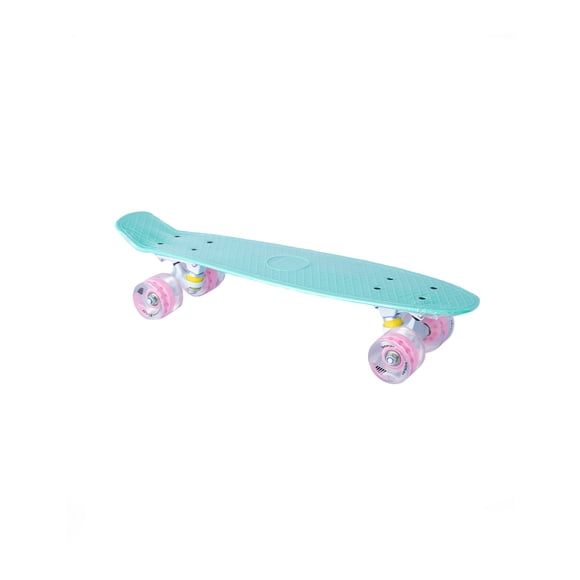 Patineta semiprofesional Display minicruiser tipo Penny menta trucks blancos ruedas rosas transparentes