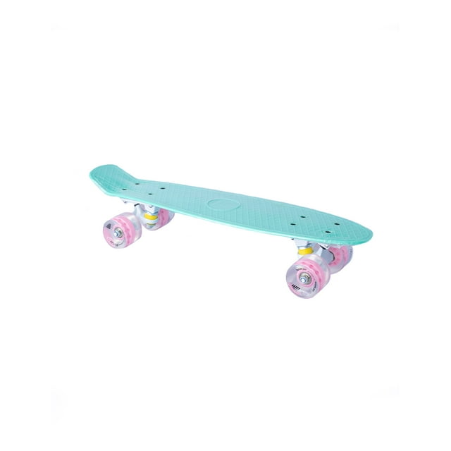 Patineta semiprofesional Display minicruiser tipo Penny menta trucks blancos ruedas rosas transparentes