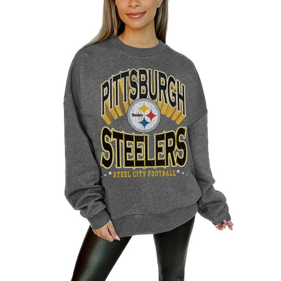 Women's Gameday Couture Charcoal Pittsburgh Steelers Oversized Long Weekend Premium Fleece Drop Shoulder Pullover