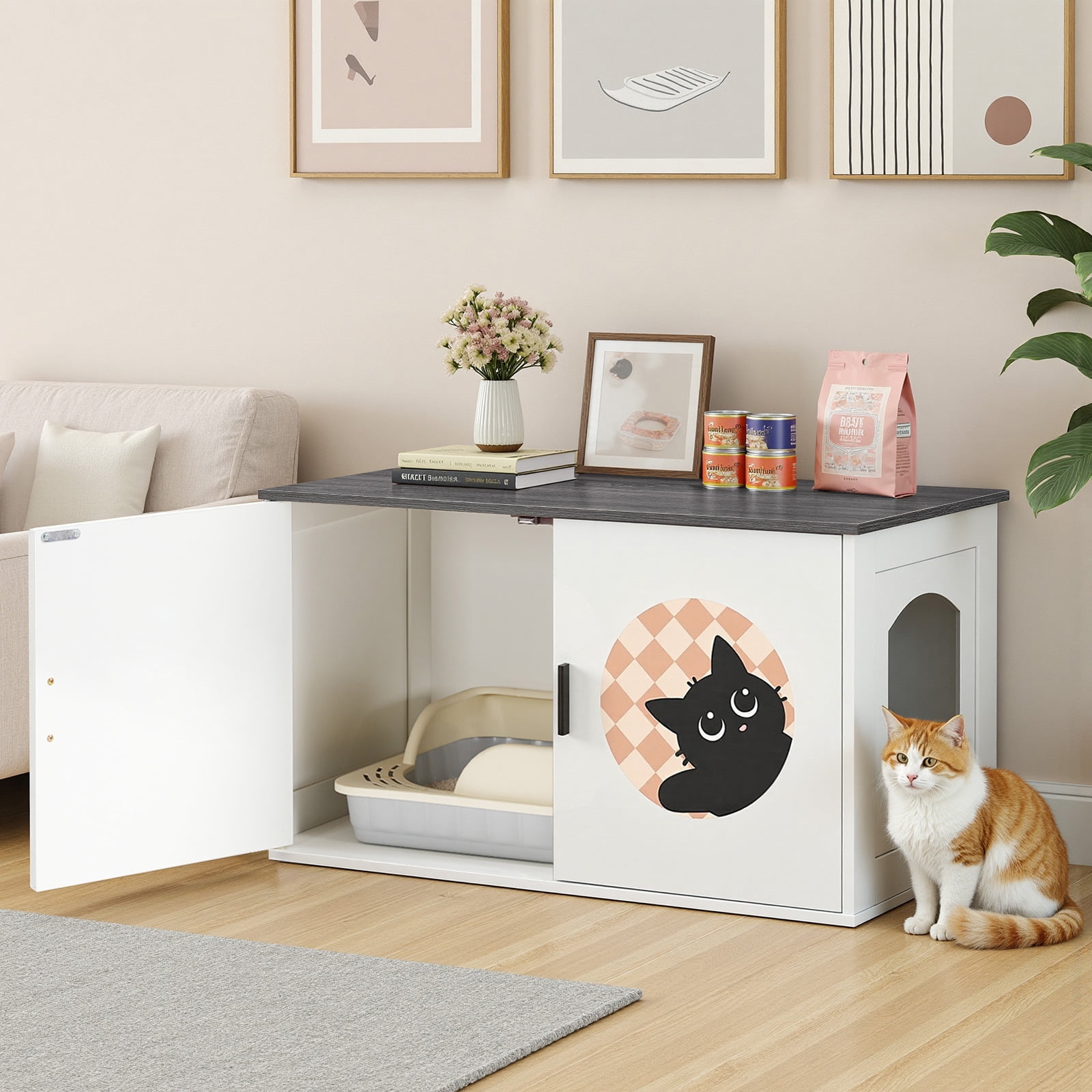 HOOBRO Cat Litter Box Enclosure, Hidden Litter Box Enclosure Furniture with Cute Cat Patterns and Arched Entrance, Litter Box Cabinet, Side Table, for Living Room, White and Charcoal Gray BW08MW01