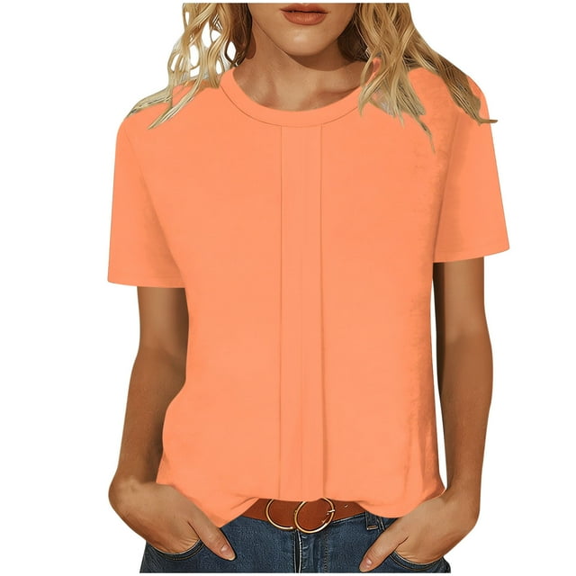 Ltctricy T-Shirts pour Femmes Tendance à Manches Courtes Col Rond Tunique Plissée Hauts Habillés Décontractés T-Shirts Doux Amples Blouses