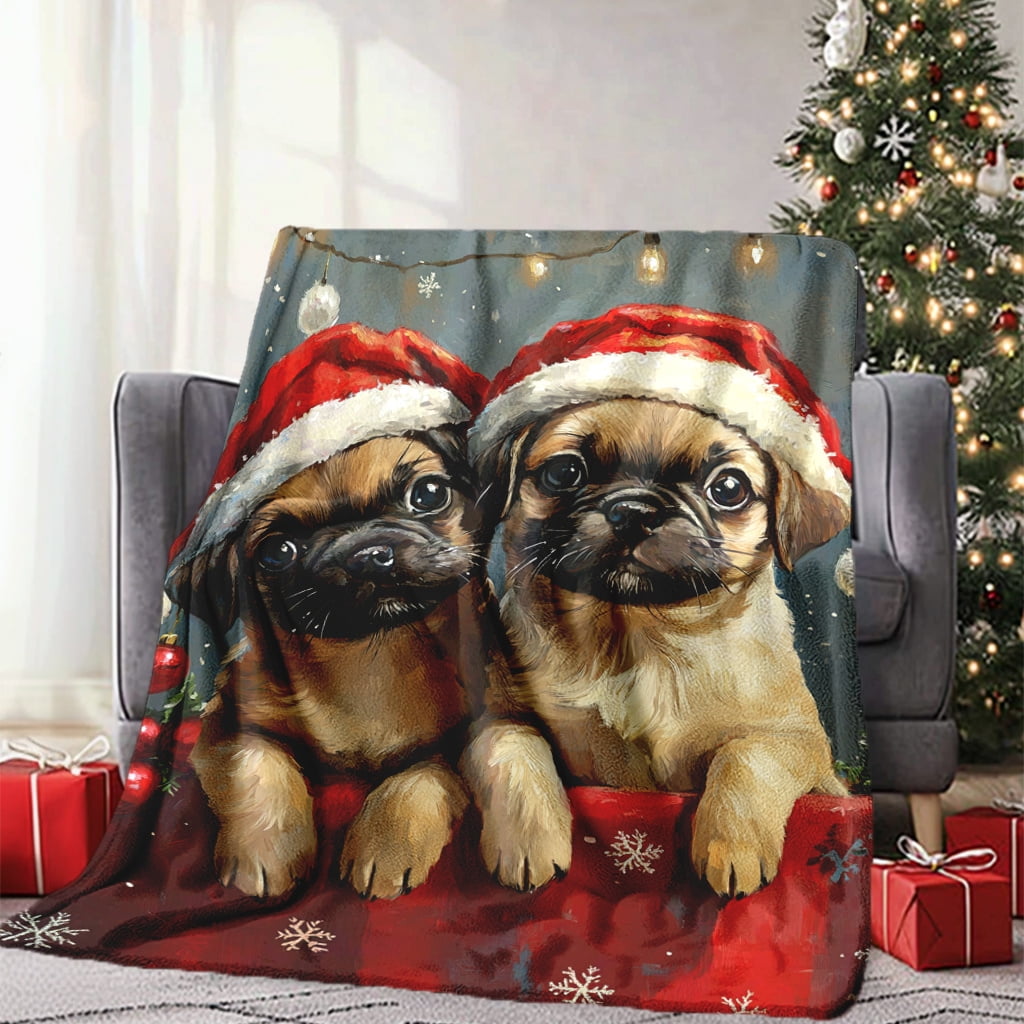 1pc Cozy Christmas Pug Dogs Flannel Blanket - All Seasons Fantasy Themed Soft Warm Quilted Throw with Digital Print, Machine Washable, Multipurpose for Napping, Camping, Travel, Office Decor