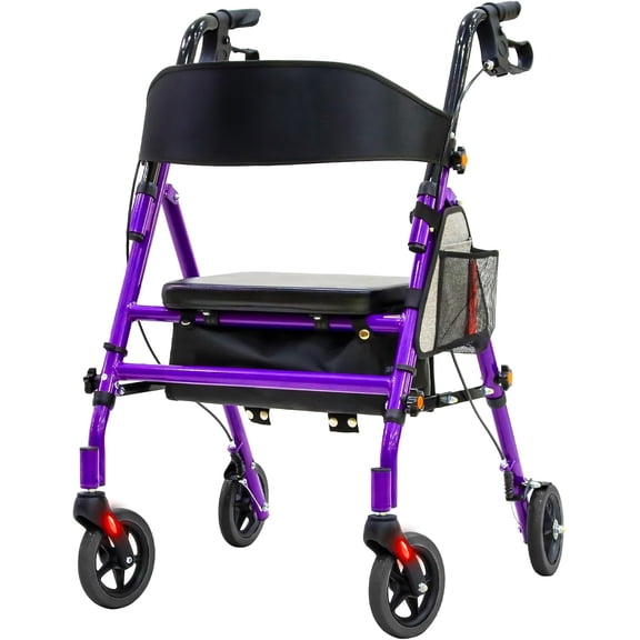 Foldable 4-Wheel Rolling Walker with Hybrid Frame & Under-Seat Pouch, Purple, 300 lb Limit