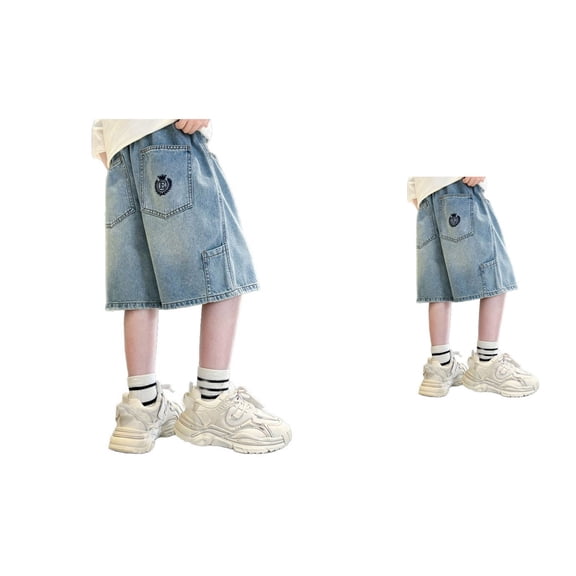 Boys Elastic Waist Denim Shorts | High Waisted Wide Leg Baggy Jorts with Pockets, Casual Loose Fit Y2K Summer Shorts