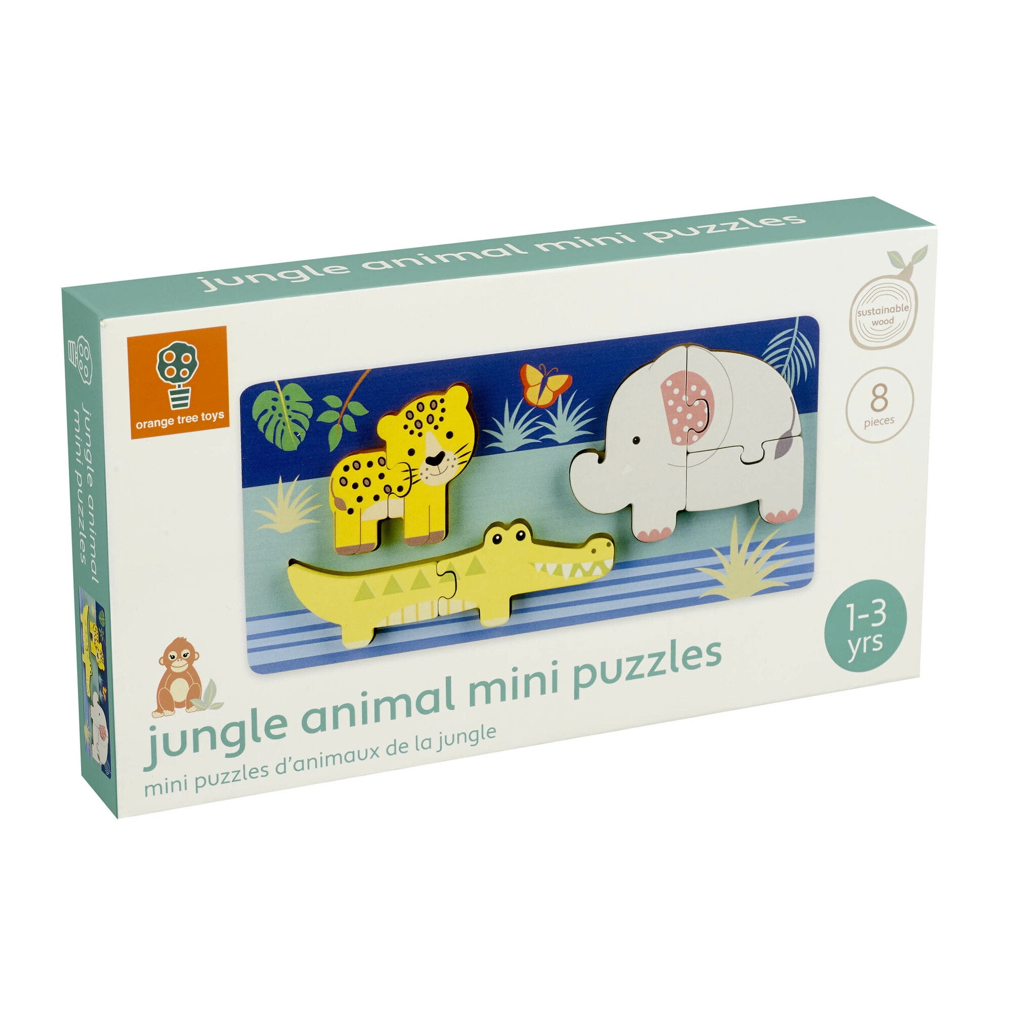 Orange Tree Toys: Jungle Animals - Mini Puzzles - 8 Wooden Chunky Pieces, Colorful Puzzle Tray, FSC Certified, Educational Toy, Toddlers & Kids Age 1+