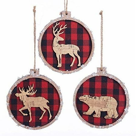 Bear Moose Deer - Kurt Adler Red Buffalo Plaid with Bear Deer and Moose Christmas Holiday Ornaments Set of 3