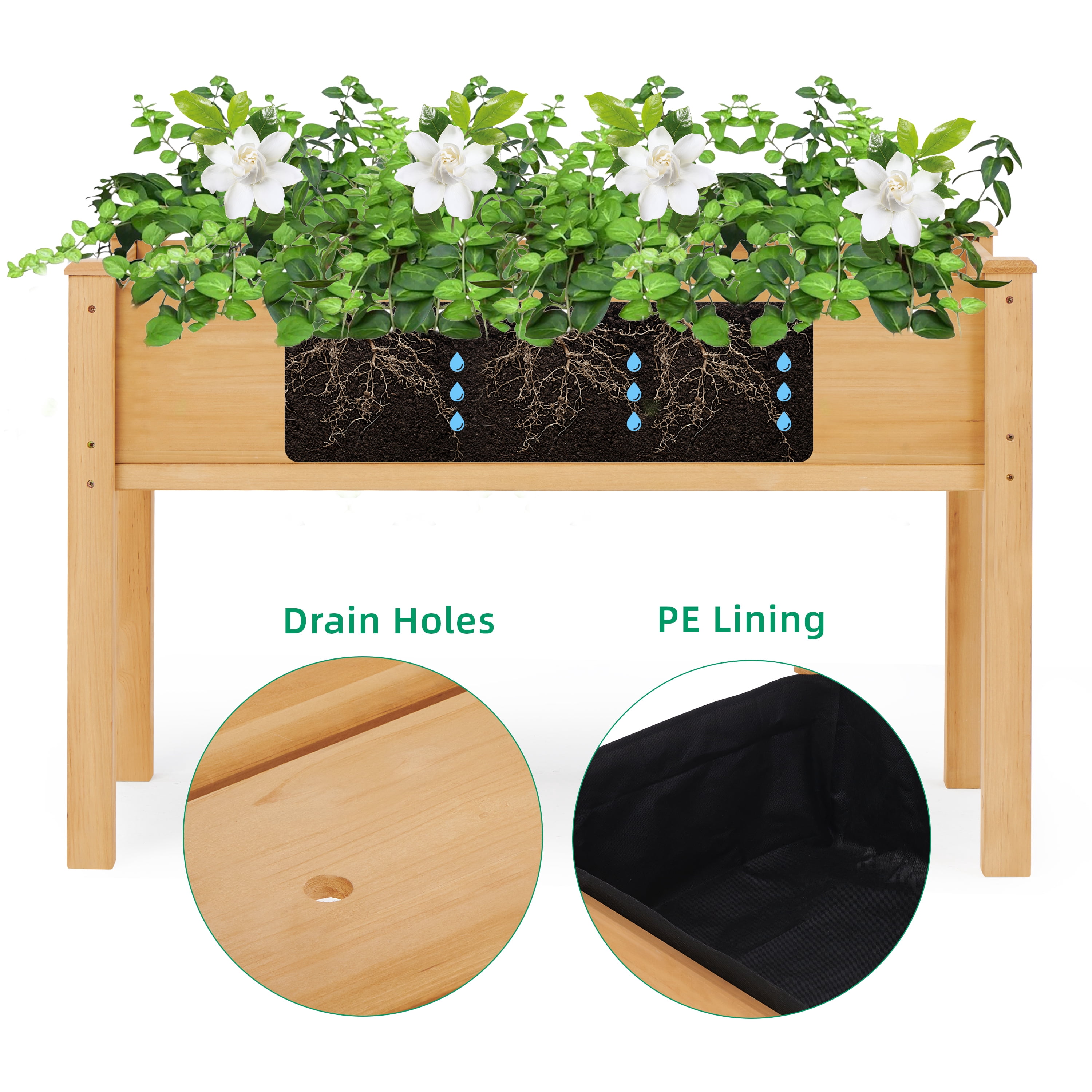 Raised Garden Bed, Elevated Wooden Planter Box W/ Bed Liner, 48" x 24" x 30" W/ Thickness of 2.4'' for Backyard Patio, Brown