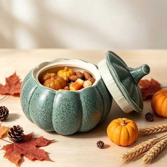 Ceramic Pumpkin Candle Holder, Lidded Trinket Storage Jar for Thanksgiving Table Decor, Fall Harvest Mantel Centerpiece and Home Accent, Blue